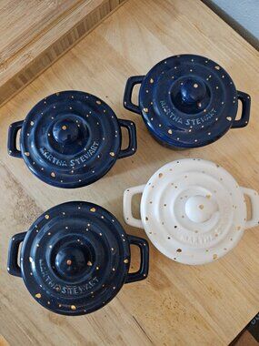 Martha Stewart 4 Mini Cocottes Blue and White with Gold Specks